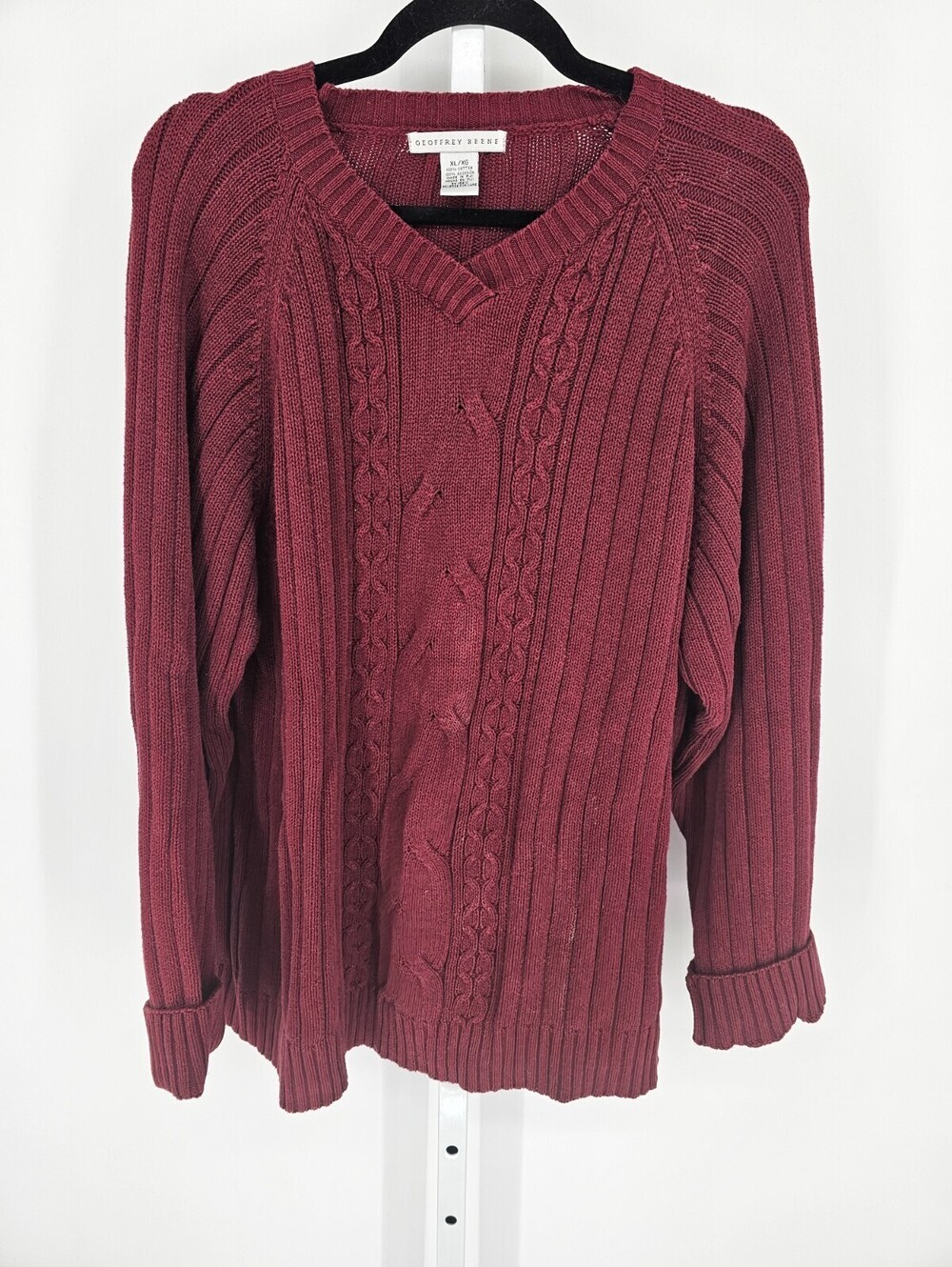 Geoffrey Beene Mens Sz XL V Neck Cable Knit Sweater Thick Knit Dark Red Cotton